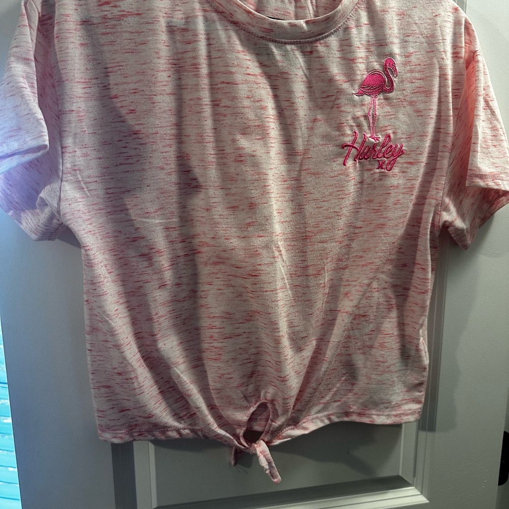 Hurley Girls Pink Flamingo Tie-Front T-Shirt – Size Large (12–13 Years)